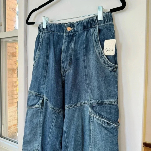 New Free People All Star Pull On Wide Leg Baggy Low Slung Jeans Cargo Medium - Picture 8 of 14